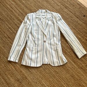 ONLY Striped Linen-Blend Blazer in White and Blue